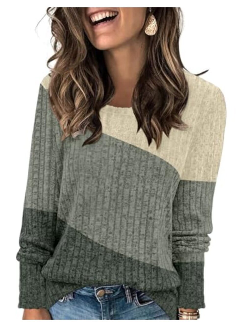 Women's Color Block Crewneck Sweater Lightweight Long Sleeve Casual Tunic